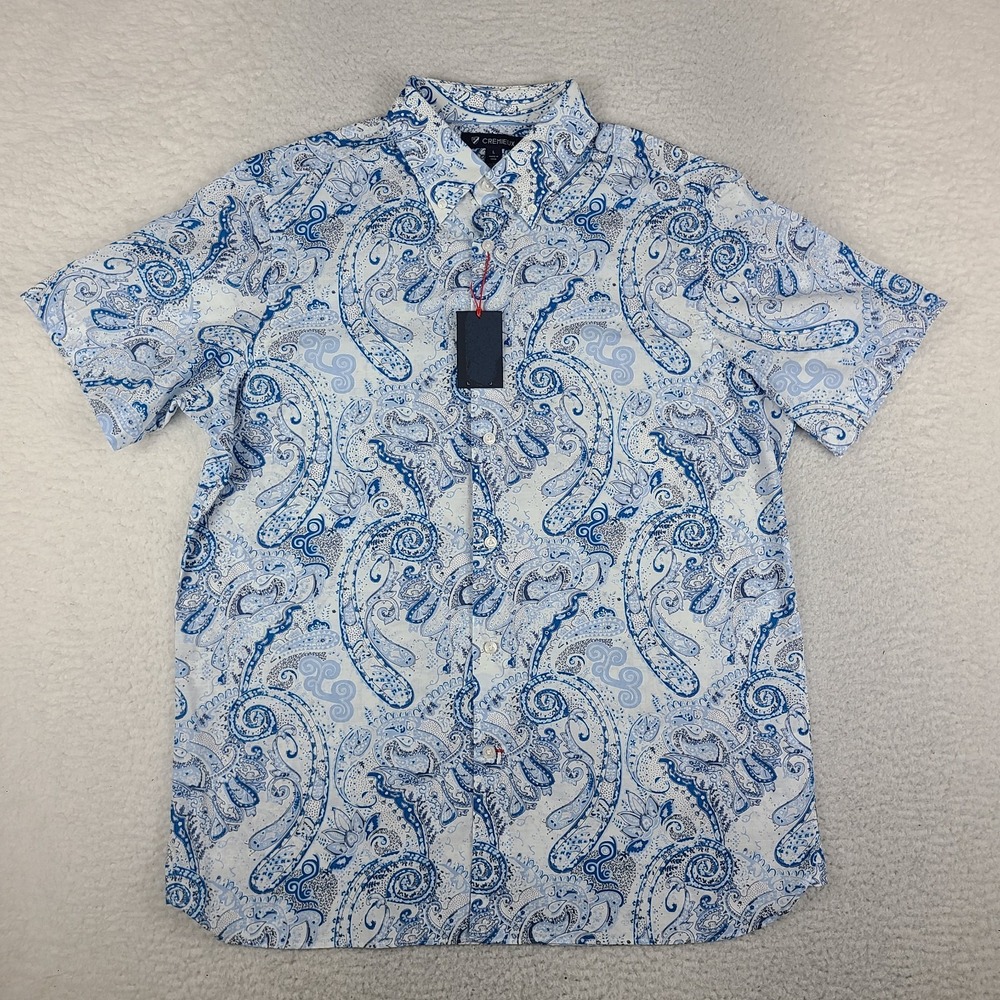 CREMIEUX Shirt Mens Large Blue White Paisley Preppy Hawaiian Button Up NWT NEW